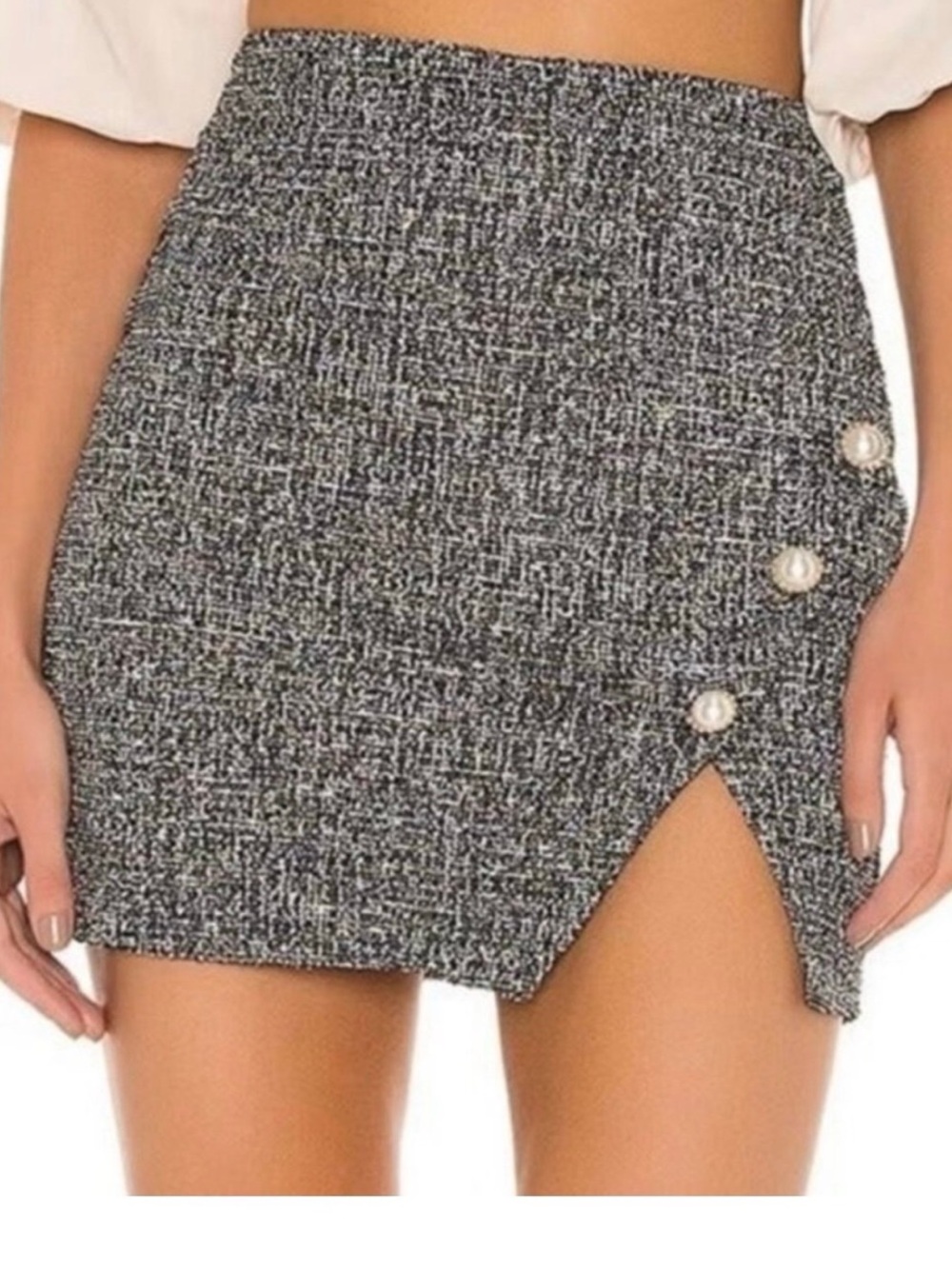Lovers + Friends Cherie Tweed Pearl Button Grey Skirt - Picture 2 of 6